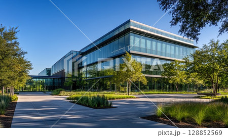 A sleek modern glass building surrounded by tall green trees and open spaces. . A sleek modern glass building surrounded by tall green trees and open spaces. . 128852569