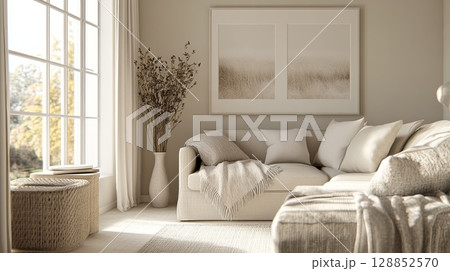 A calming living room with beige tones, simple artwork, and cozy throw blankets. . 128852570