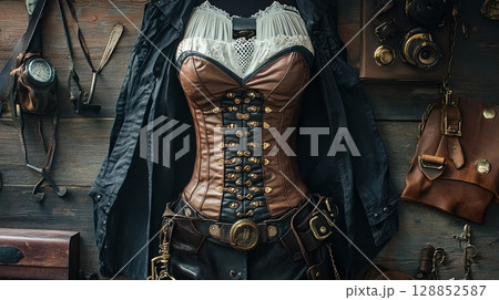 A steampunk-inspired outfit with a leather corset and brass accessories . 128852587
