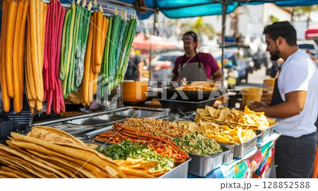 Mexican street food stall offering tacos, nachos, and fresh churros during a Cinco de Mayo celebration . 128852588