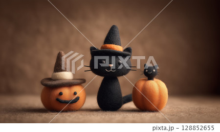 Felt cat and pumpkins in witch hats create charming Halloween scene 128852655