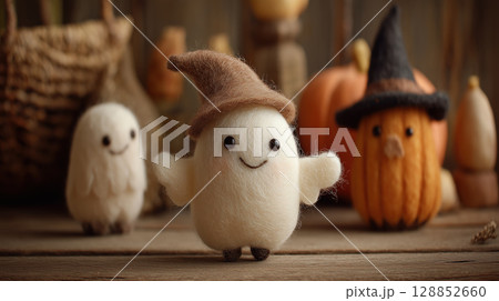 Cute wool felt ghost dolls with hats in cozy Halloween scene, featuring pumpkins and rustic decor 128852660