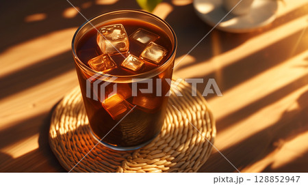 テーブルに置かれたアイスコーヒーのイメージ素材 128852947