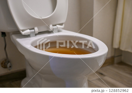Toilet with discolored water indicating possible plumbing issues in a residential bathroom 128852962