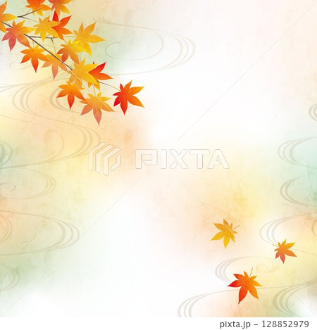 秋の紅葉と波の和風背景イラスト 128852979
