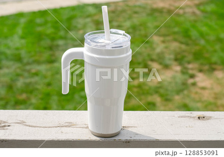 White Insulated Mug with Handle and Straw Outdoor Hydration White Insulated Mug with Handle and Straw Outdoor Hydration 128853091
