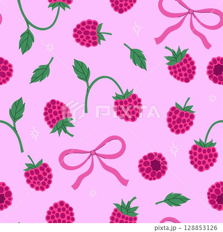 Seamless pattern with raspberries and bows on a pink background. Vector graphics. Seamless pattern with raspberries and bows on a pink background. Vector graphics. 128853126