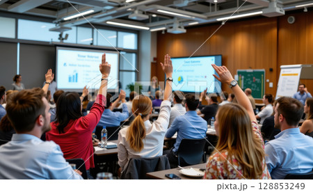 Training session with energetic participation as people raise hands in modern conference room with presentation screens 128853249