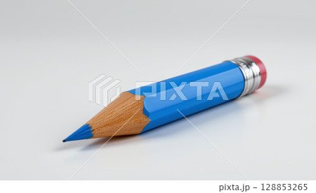 Short blue pencil with eraser on white background, simple and clean design for writing or drawing tools 128853265