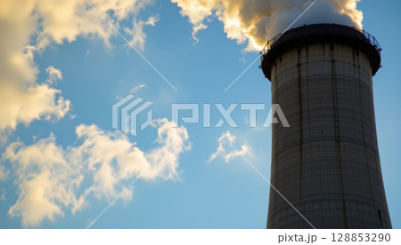 Industrial chimney with smoke against blue sky and clouds, symbolizing pollution and environmental impact 128853290