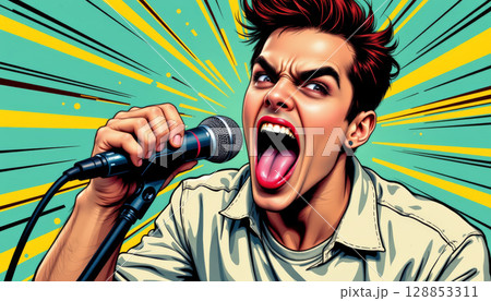 Comicstyle singer with exaggerated expressions passionately singing into microphone with vibrant background Comicstyle singer with exaggerated expressions passionately singing into microphone with vibrant background 128853311