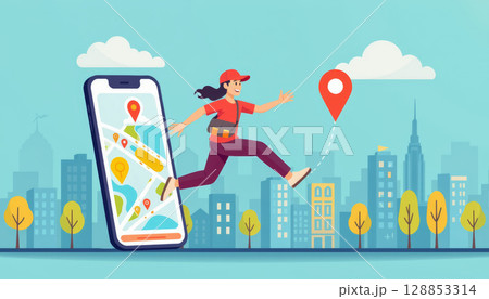 Courier leaping from mobile device with map and location pins, delivering packages quickly in urban cityscape 128853314