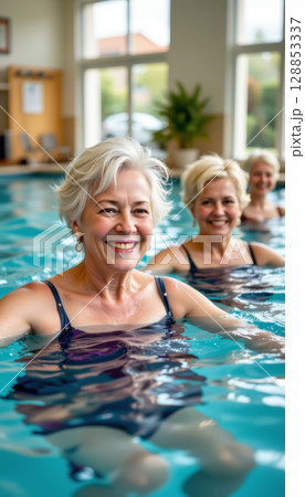 Happy elderly women enjoying water exercise in indoor pool, smiling and feeling joyful together Happy elderly women enjoying water exercise in indoor pool, smiling and feeling joyful together 128853337