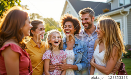 Happy family scene with diverse people laughing together outdoors in warm sunlight near house 128853338