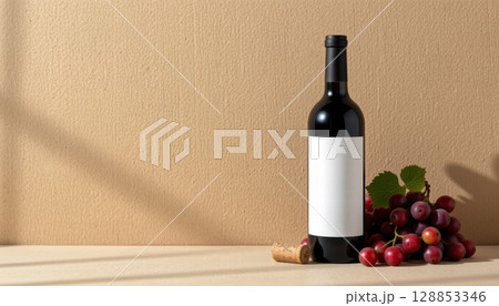 Wine bottle with blank label and fresh red grapes on beige surface with soft shadows creating warm and inviting atmosphere 128853346