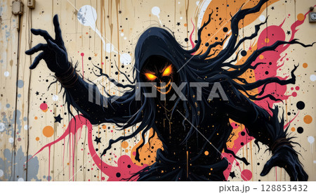 Dark hooded figure with glowing eyes and sharp teeth, surrounded by energetic black silhouette and colorful splashes 128853432