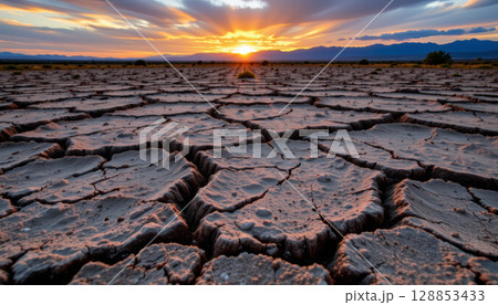 Cracked dry soil landscape at sunset with dramatic sky and distant mountains creating warm, expansive natural scene 128853433