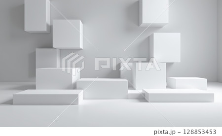 Minimalist floating white blocks in clean bright space with soft shadows creating calm and modern atmosphere Minimalist floating white blocks in clean bright space with soft shadows creating calm and modern atmosphere 128853453