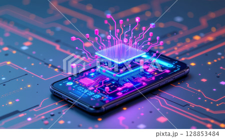 Smartphone with AI processor emerging from it, showcasing vibrant circuits and digital elements, symbolizes technological 128853484