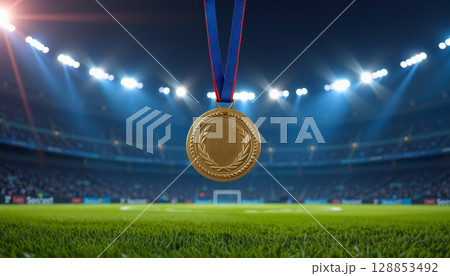 Award medal shining in stadium, symbolizing victory and achievement in sports, surrounded by cheering fans 128853492