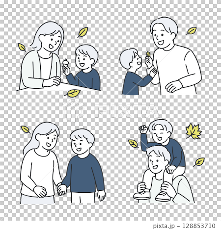 親子で秋の自然を楽しむイラストセット 128853710