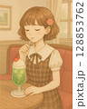 カフェで飲み物を飲む女性/AIイラスト 128853762