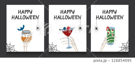 Flat cartoon vector illustration set of Halloween greeting cards with lettering. Invitation templates for cocktail parties. Skeleton hands with themed drinks, creepy decorations, pumpkin punch 128854095