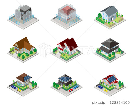 建物の立体的なイラスト. アイソメトリック画法. 建物の立体的なイラスト. アイソメトリック画法. 128854100