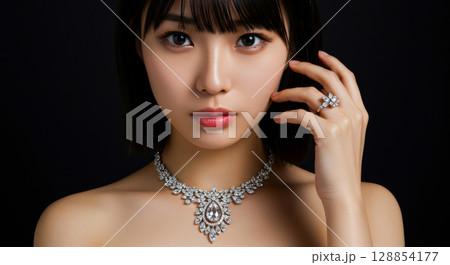 黒バックでジュエリーを身につけてポーズをとる女性 128854177
