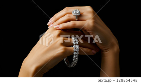 黒バックでジュエリーを付けた女性の手のポーズ 128854348