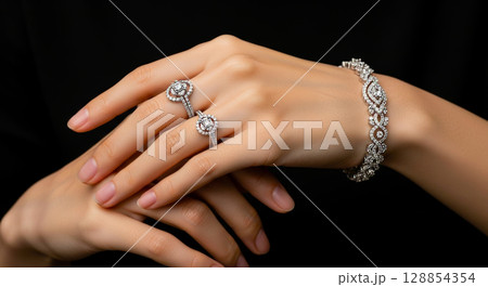 黒バックでジュエリーを付けた女性の手のポーズ 128854354