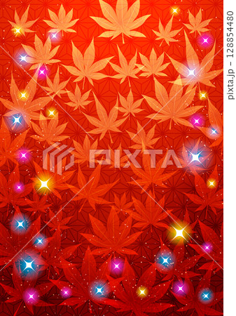 紅葉水中ショー、背景、キラキラ、かわいい、赤、イラスト、秋、縦、麻の葉模様 128854480