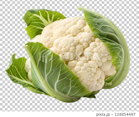 Fresh, vibrant cauliflower head with crisp green leaves, perfect for healthy recipes and culinary inspiration. 128854497