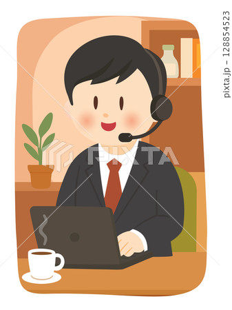 コーヒー片手にリモートワーク、Remote Work Scene with Coffee 128854523