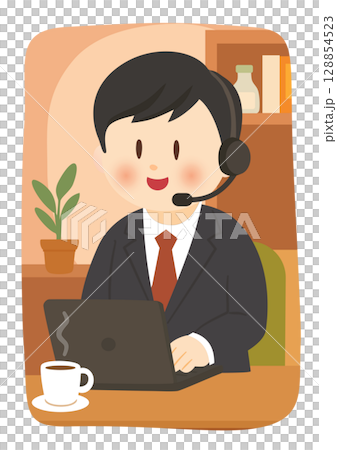 コーヒー片手にリモートワーク、Remote Work Scene with Coffee 128854523