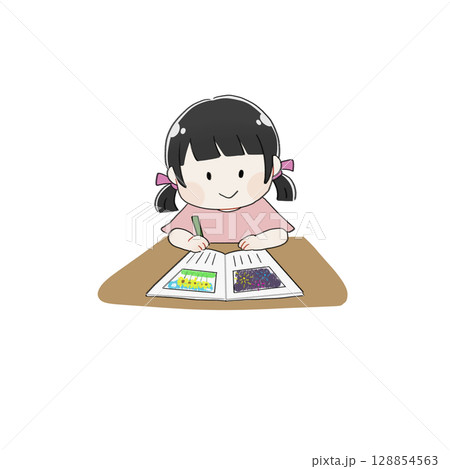 絵日記を書く女の子のイラスト 128854563
