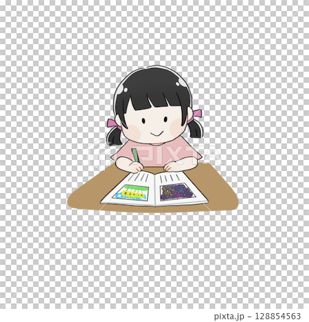 Illustration of a girl writing a picture diary 128854563