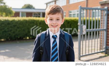 Smiling schoolboy in uniform with backpack standing at school gate on a sunny day before class 128854821
