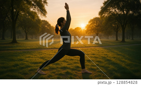 Woman practicing yoga in a peaceful park at sunrise, balancing in warrior pose on green grass 128854828