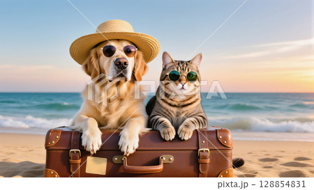 Funny dog in hat and cat in sunglasses relaxing on suitcase at the beach during sunset. Summer vacation mood with pets. 128854831