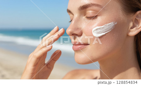 Close-up of young woman applying sunscreen cream to her face at the beach under sunlight. Skincare and sun protection in summer. 128854834