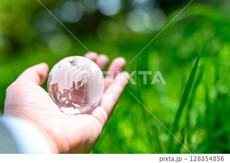 綺麗な新緑にかざす地球儀の水晶　エコロジーイメージ　ノーマルカラー 128854856