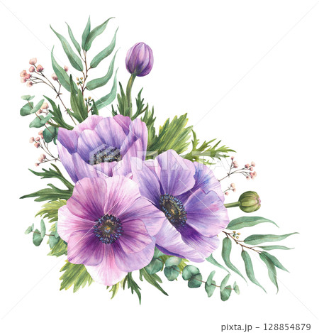 Watercolor purple Anemones with gypsophila pink buds twig and eucalyptus leaves. Realistic greenery floral corner design for wedding, greeting card Hand drawn isolated from background illustration 128854879