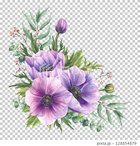 Watercolor purple Anemones with gypsophila pink buds twig and eucalyptus leaves. Realistic greenery floral corner design for wedding, greeting card Hand drawn isolated from background illustration 128854879