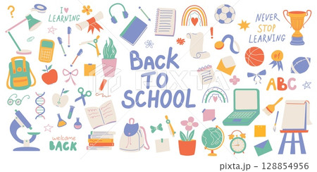 Back to School illustration. Set school supplies. School colorful element, stationery in doodle shabby style. Vector flat illustration. Back to School illustration. Set school supplies. School colorful element, stationery in doodle shabby style. Vector flat illustration. 128854956