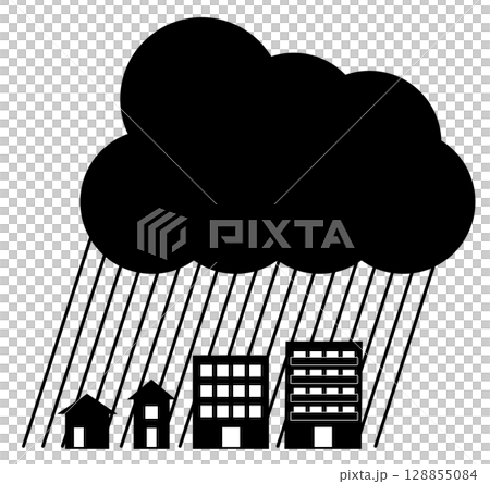 Heavy rain falling on the city silhouette icon 128855084