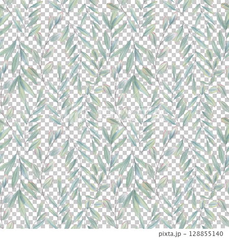 Watercolor eucalyptus or olive leaves seamless pattern isolated on white background. Blue green plants illustration. Floral ornate for wedding stationery, spa greeting cards, organic beauty packaging. Watercolor eucalyptus or olive leaves seamless pattern isolated on white background. Blue green plants illustration. Floral ornate for wedding stationery, spa greeting cards, organic beauty packaging. 128855140