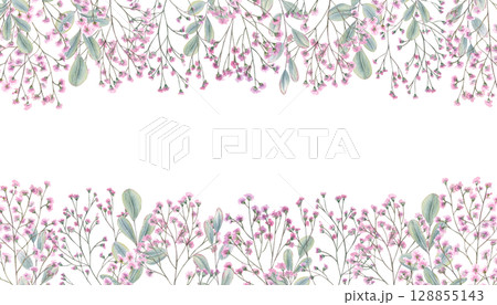 Pink gypsophila flowers and eucalyptus leaves watercolor horizontal frame isolated on white background. Hand painted floral romance border with blank space for text. For invitation, greeting card. Pink gypsophila flowers and eucalyptus leaves watercolor horizontal frame isolated on white background. Hand painted floral romance border with blank space for text. For invitation, greeting card. 128855143
