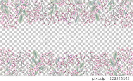 Pink gypsophila flowers and eucalyptus leaves watercolor horizontal frame isolated on white background. Hand painted floral romance border with blank space for text. For invitation, greeting card. Pink gypsophila flowers and eucalyptus leaves watercolor horizontal frame isolated on white background. Hand painted floral romance border with blank space for text. For invitation, greeting card. 128855143