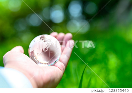 綺麗な新緑にかざす地球儀の水晶　エコロジーイメージ　くっきりノーマルカラー 128855440